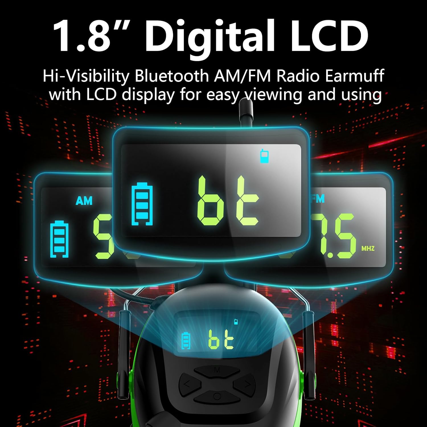 Bluetooth 6.0 AM/FM Hearing Protection, Radio Headphones with Digital Display, 30 SNR Noise Reduction Safety Earmuffs with Rechargeable 2000 mAh Large Battery, Ear Protector for Mowing Lawn Work - Image 3