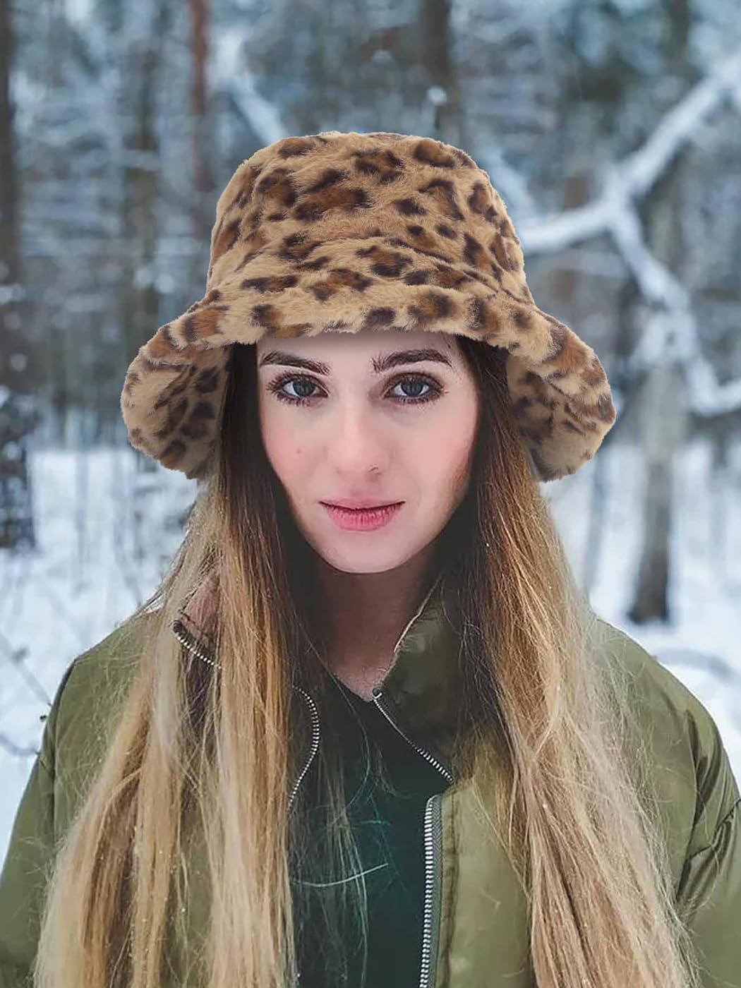 Urieo Winter Bucket Hats for Woman Leopard Printed Fluffy Faux Fur Hat Plush Warm Fisherman Hats Daily Outdoor