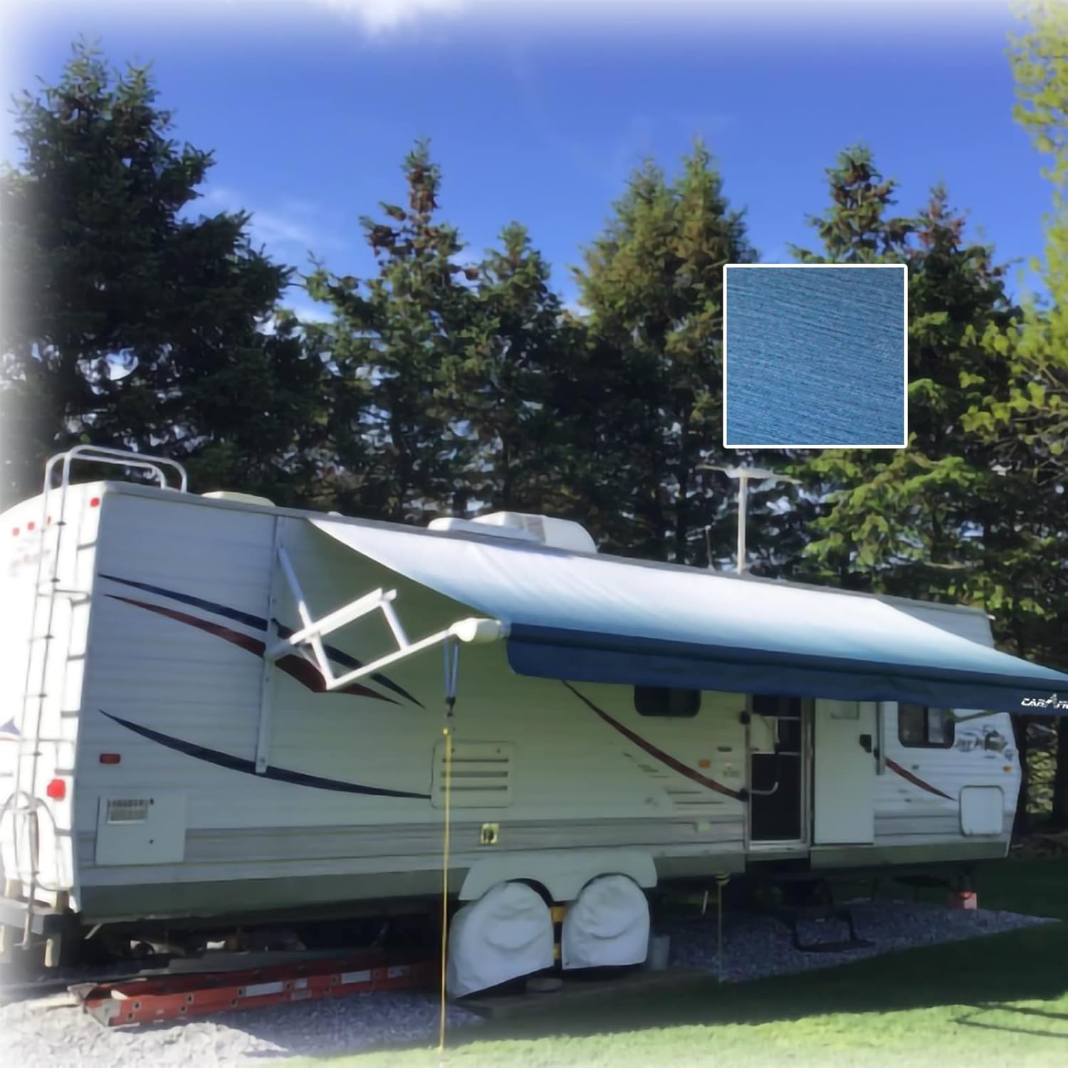 RV Awning Fabric Replacement 8'x 13'1", Universal Weatherproof Vinyl Canopy Shade for Camper Trailor,Motorhome Outdoor - Ocean Blue Fade