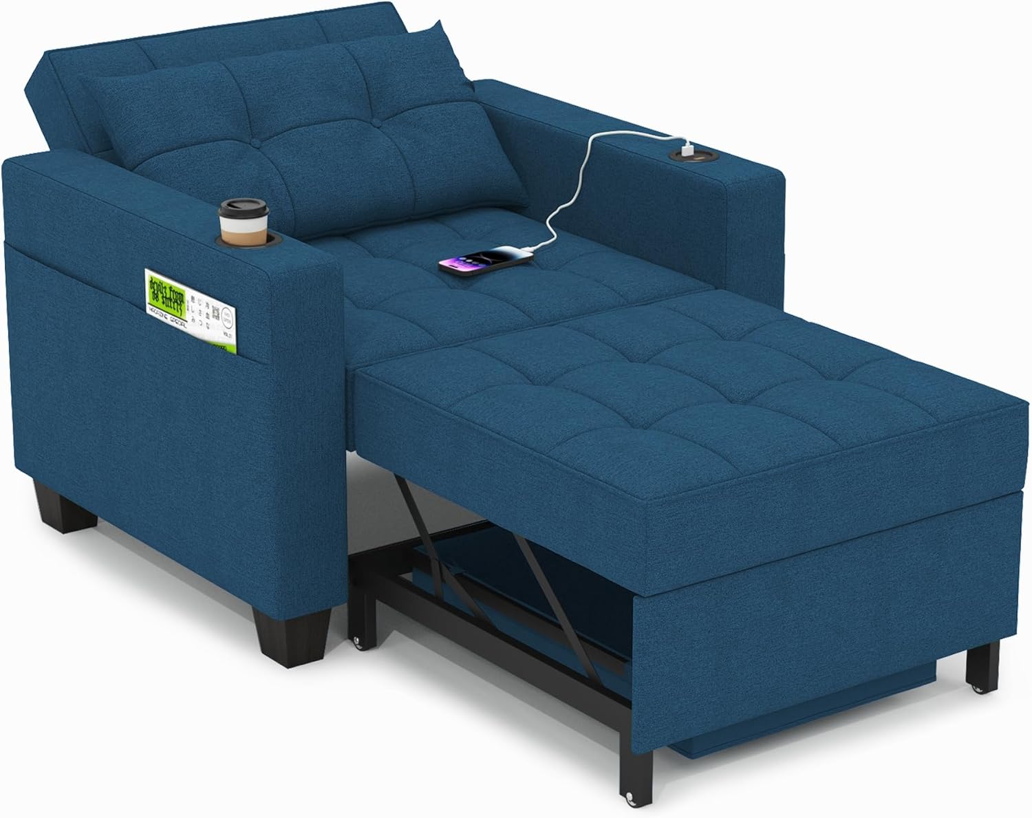 DURASPACE 3-in-1 Convertible Sleeper Chair in chaise lounge configuration, blue linen fabric, with USB charging cable and cup holder.