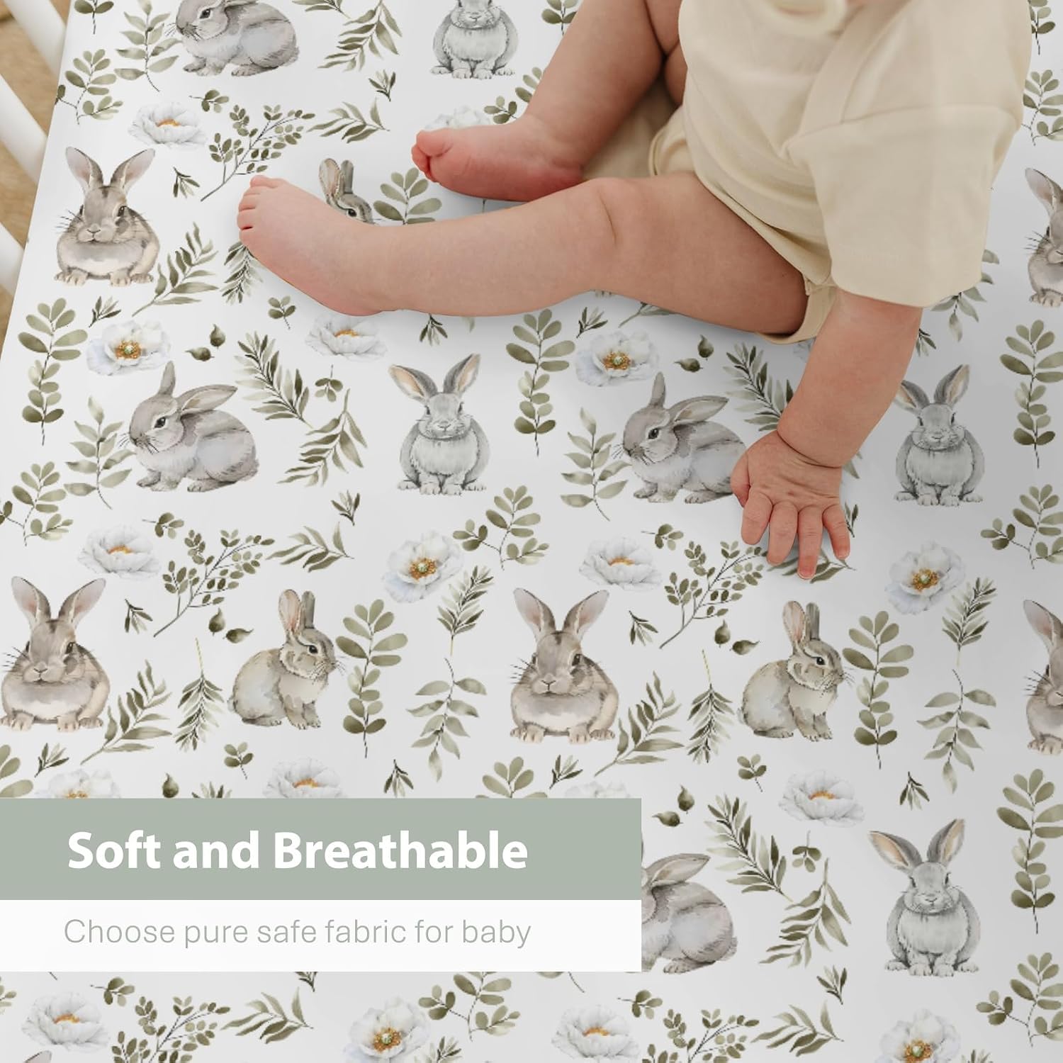 Watercolor Bunny Leaves Baby Crib Sheets for Boy Girl 52"x28" Spring Rabbits Flowers Soft Snug Fitted Crib Mattress Cover Animal Nursery Baby Sheet for Standard Crib & Toddler Bed Mattress