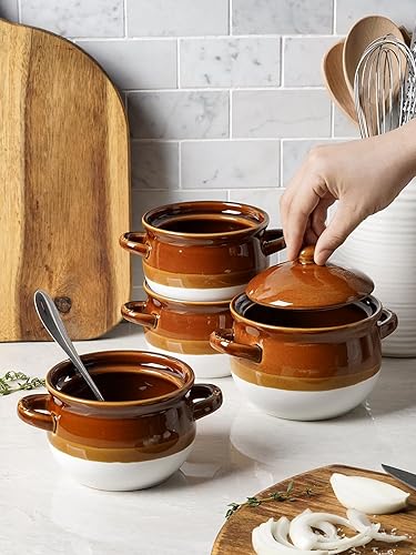 Miniatura 5 de LE TAUCI Tazones de sopa de cebolla francesa con tapa y asas, 22 onzas de cerámica, de cebolla francesa, tazones de servir aptos para horno, para