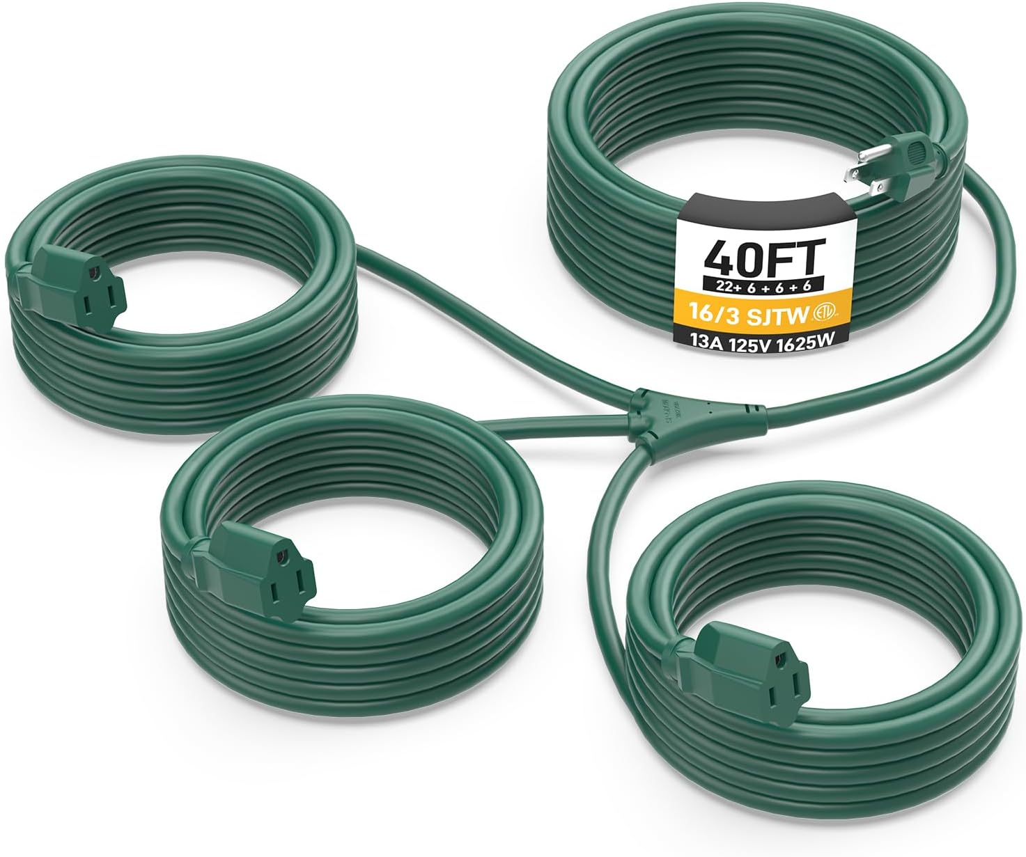 40FT Outdoor Green Extension Cord with Multiple Outlets, Evenly Spaced 3 Outlets, Light Duty 16/3 SJTW Cable with Grounded Plugs, 13AMP 1625W 125V 16AWG, ETL Listed