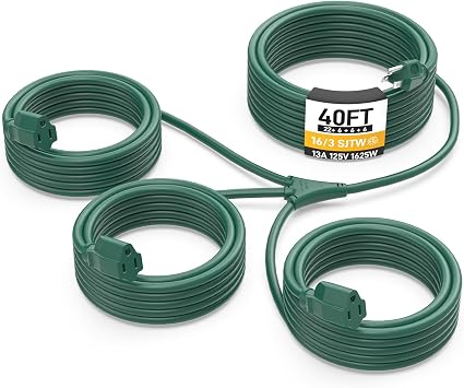 40FT Outdoor Green Extension Cord with Multiple Outlets, Evenly Spaced 3 Outlets, Light Duty 16/3 SJTW Cable with Grounded Plugs, 13AMP 1625W 125V 16AWG, ETL Listed
