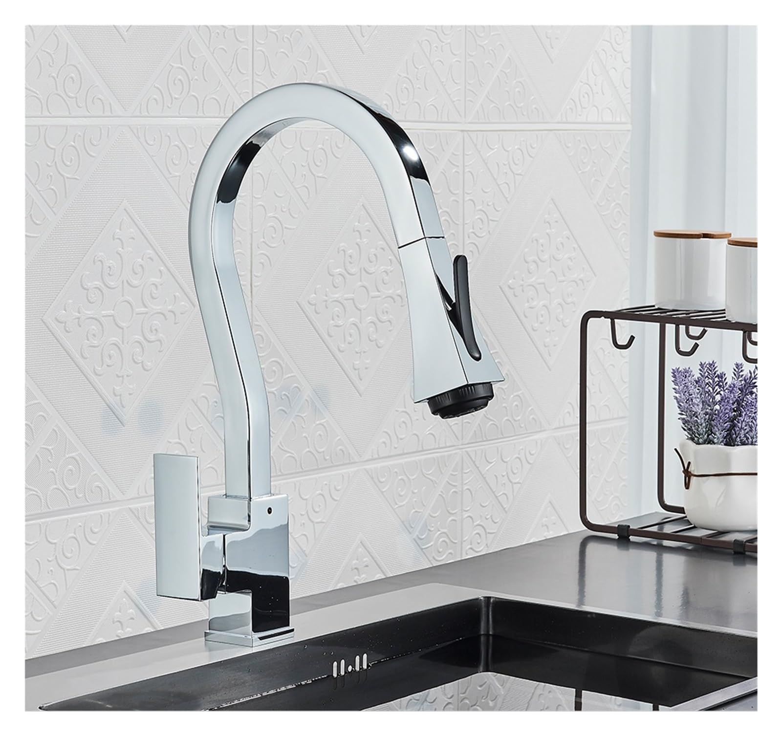 ZYCHSJXA PullOut Faucets Black Tap Sink Mixer Two Function Single Handle Hot Cold Water Crane Deck Mounted Kitchen Faucet(Black and Gold)