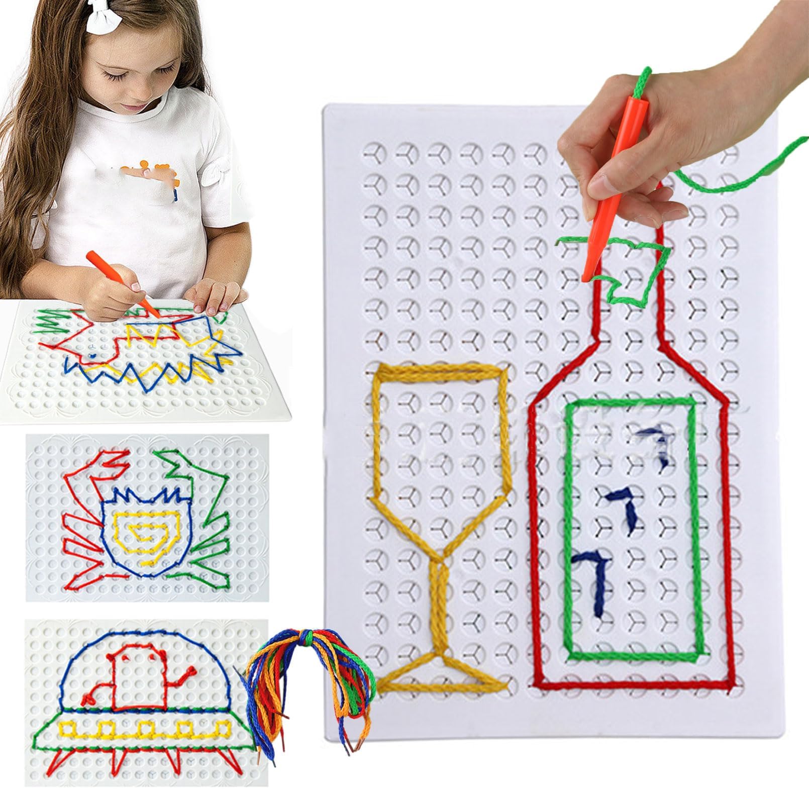 NYXIFYLOThread Board for Kids, Threading Board for Kids, Sensory Thread Board,Stitch Board for Creative Learning, DIY String Weaving Drawing Board with Colored Ropes (1 PC)