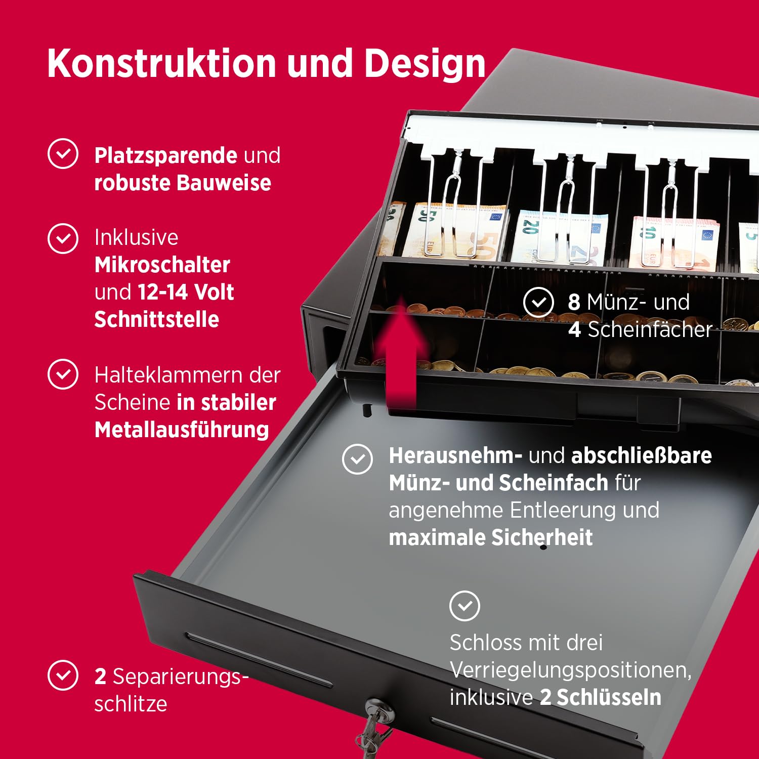 Olympia LD 410AT Kassenschublade | Geldkassette abschließbar mit Einwurfschlitz | RJ12-kompatibel | 8 Münz- & 4 Scheinfächer + Halteklammern | Metallgeldbox für Handel & Gastronomie | 41,5x41x10,4 cm