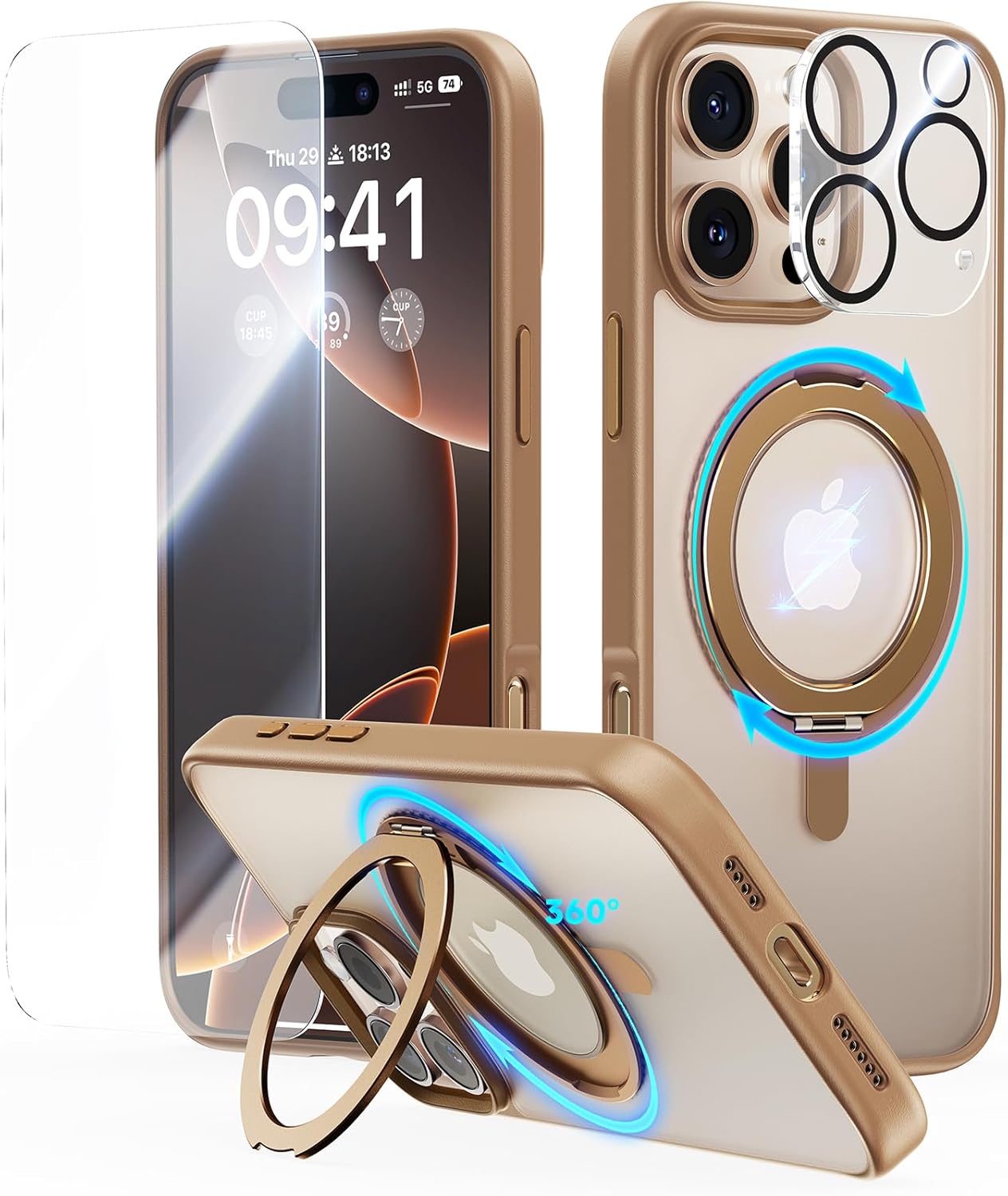 jueshituo 3 in 1 for iphone 16 pro max case, 360° rotatable magnetic ring stand with [rotary damping sound] [1x screen protector+1x camera lens protector] shockproof phone cover 6.9", desert brown iphone 16 pro max - 6.9" desert brown