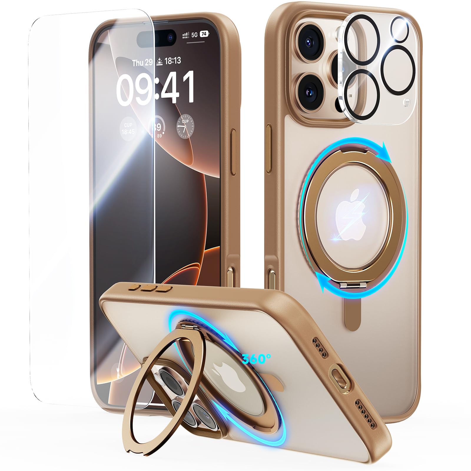 JUESHITUO Supporto Magico 360° Cover per iPhone 16 Pro con Magsafe [Protezione Militare] [Supporto Invisibile] Resistente Agli Urti e Graffi Ultra-sottile Ultra Sottile Custodia, Oro del Deserto