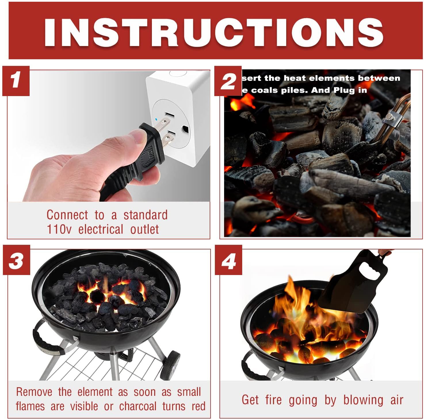 Encendedor eléctrico de carbón para parrilla, encendedor de fuego de 700 W para barbacoa, parrilla, chimenea, ahumador, fogatas, briquetas de carbón de encendido rápido, bobinas de elemento térmico de