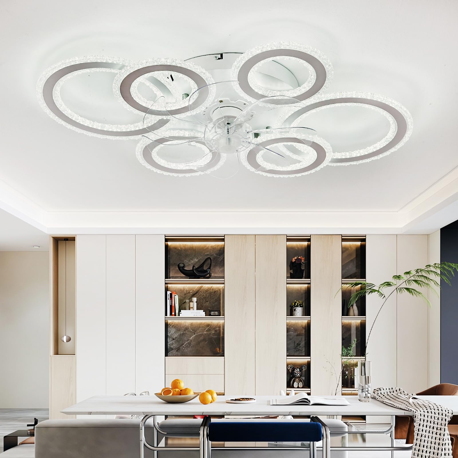 Crystal Ceiling Fans with Lights Round Reversible Living Room Fan Light Ceiling with Remote Control and APP Alexa 6 Speed Timer Light Fan Ceiling Dimmable Memory Ceiling Light Fan for Bedroom-White