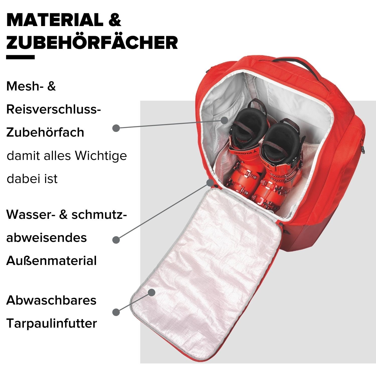 ATOMIC RS Heated Boot Pack 230V in Rot - Für Skistiefel & Helm - Rucksack mit Heizsystem - Heizen an der Steckdose & im Auto - Gepolsterte Schulterträger & Rückenpanel