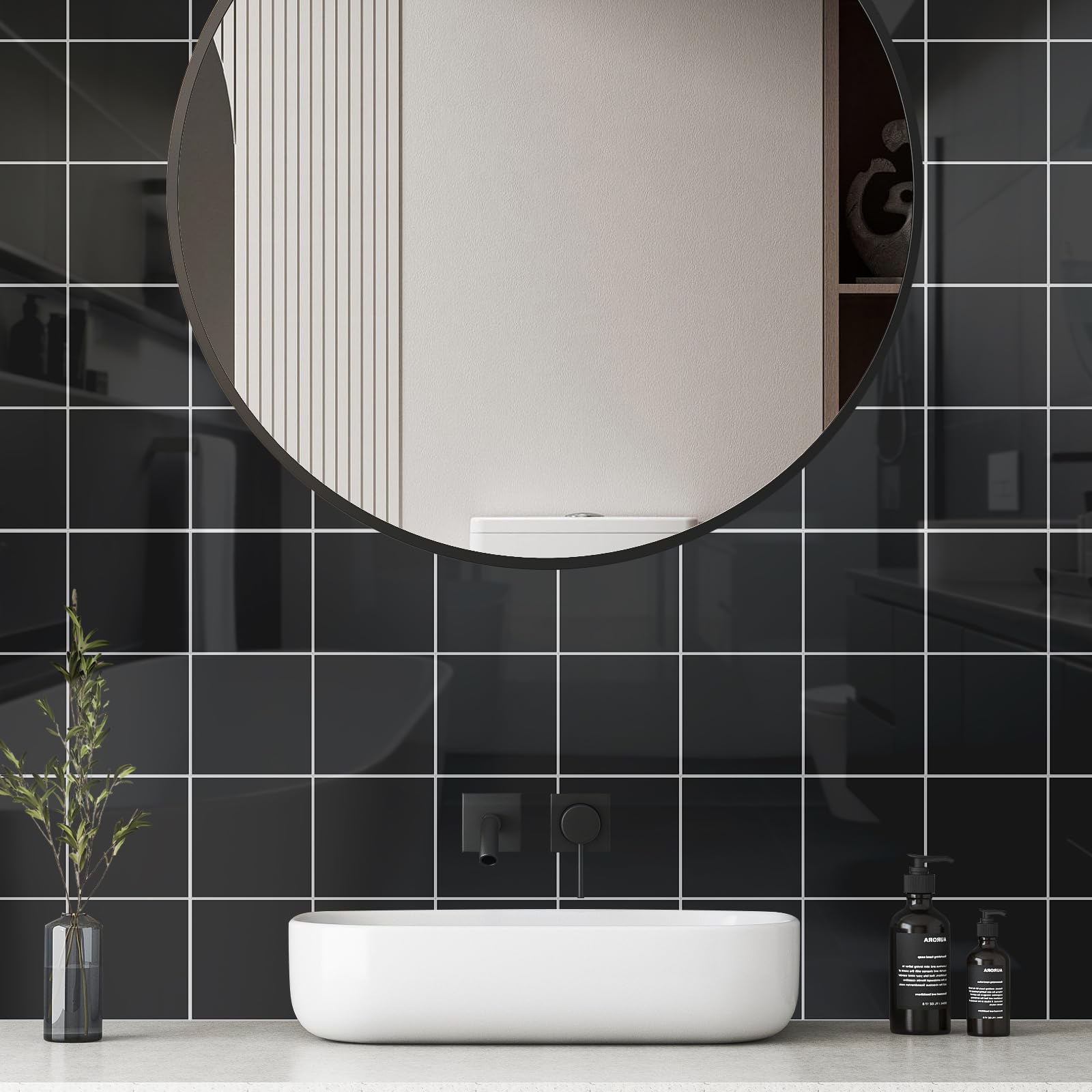 Odklej i przyklej płytki ścienne do kuchni, grubość odklej i przyklej marmurowy backsplash, kwadratowy design o wyglądzie marmuru, samoprzylepne naklejki na płytki 22 x 22 cm, czarne naklejki