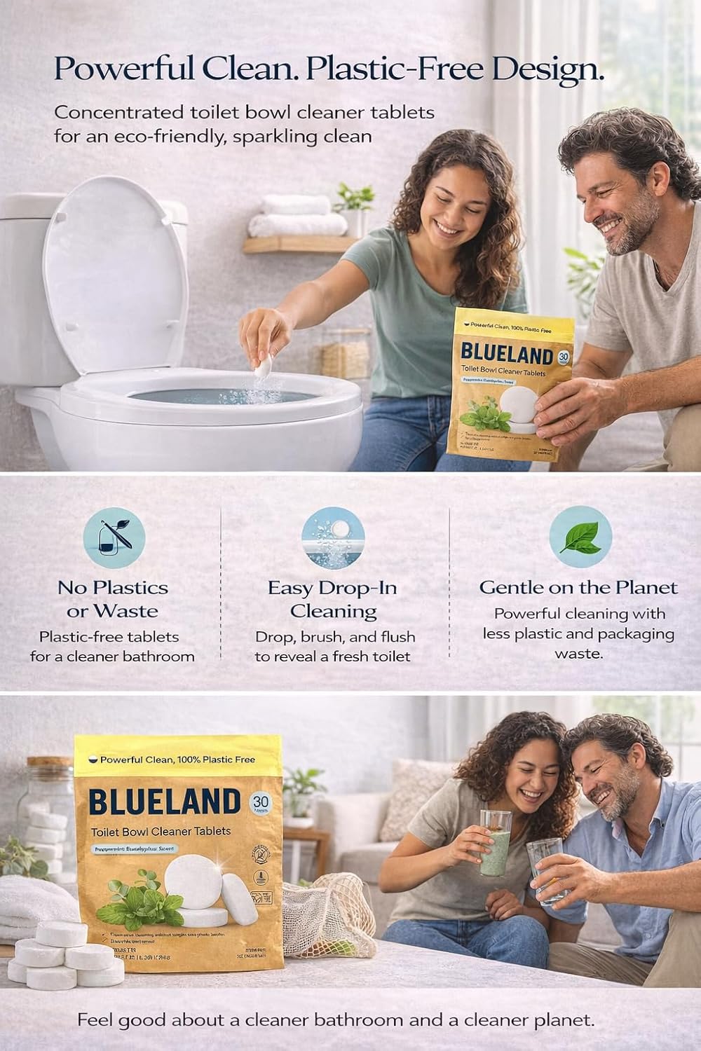 BLUELAND Toilet Bowl Cleaner Tablets. Peppermint Eucalyptus Scent. 30 Tablets.
