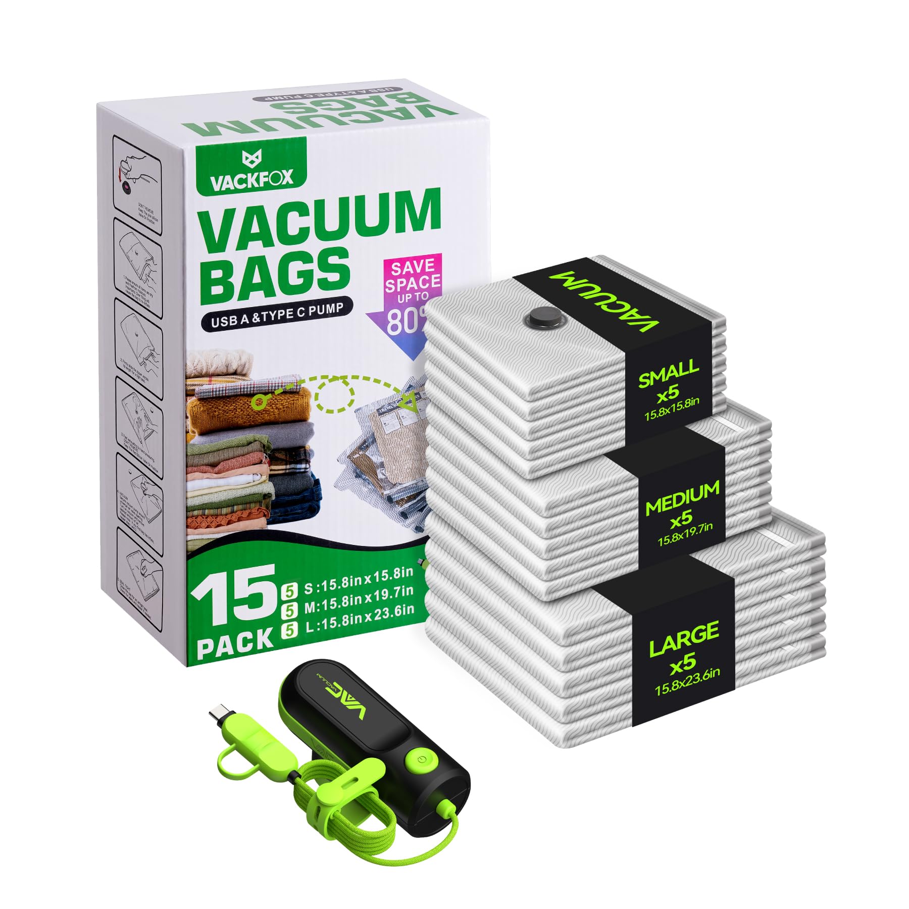 VACKFOX Vacuum Bags for Travel with USB & TYPE C Pump, Vacuum Seal Travel Bags, 15 Pack Carry-On Vacuum Storage Bags for Luggage & Suitcase, Space Saver for Clothes & Travel(Green)