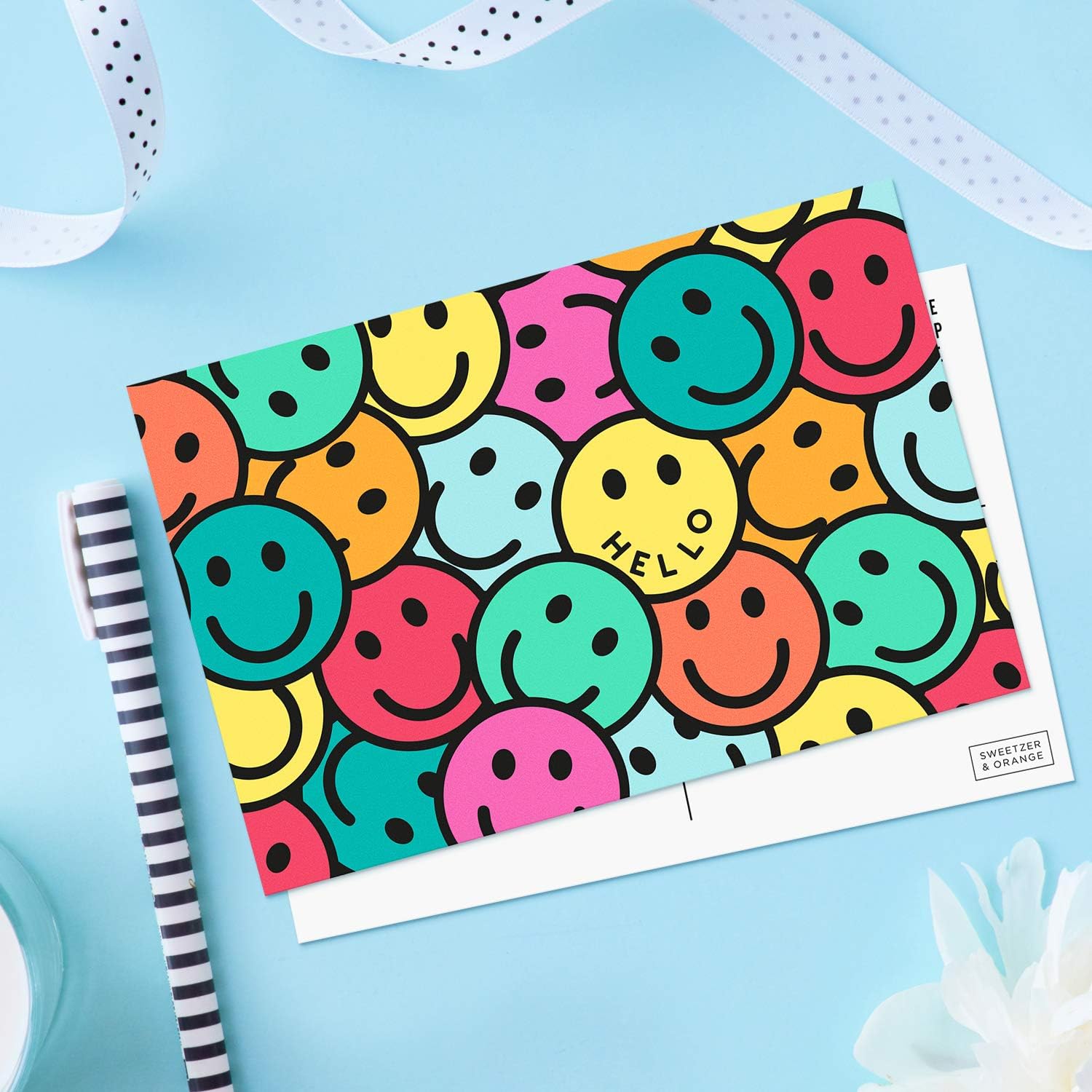Sweetzer & Orange Hello Postcards Pack (60 Post Cards) 4x6 Postcards for Kids and Adults. 300gsm Note Cards. Blank Hello Greeting Cards, Smiley Face Hello Cards : Office Products