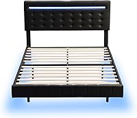 Vista 6 de Base de cama flotante tamaño matrimonial con luces LED y estación de carga USB, plataforma tapizada con cabecero, marco de cama LED moderno