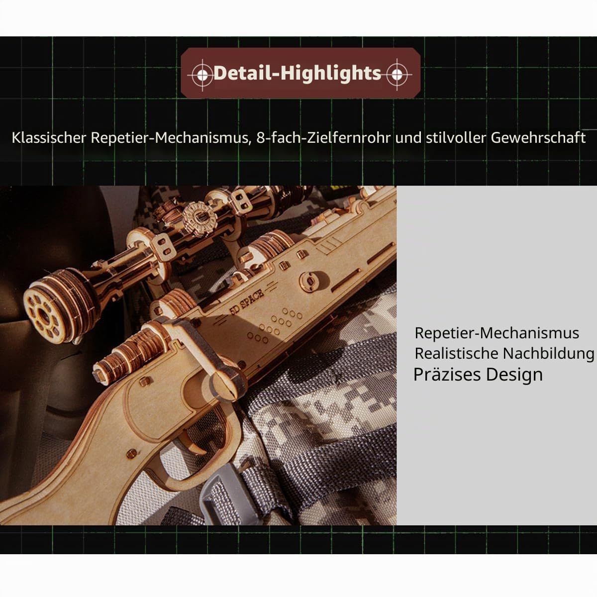3D Holz Kar98k Gewehr Modellbausatz Steampunk Cowboy, DIY Holzpuzzle, Präzisionsmodell, Interaktive Gummiband-Funktion, Perfekt für Erwachsene, Dekoration & Hobby (Naturholz/200+ Teile)
