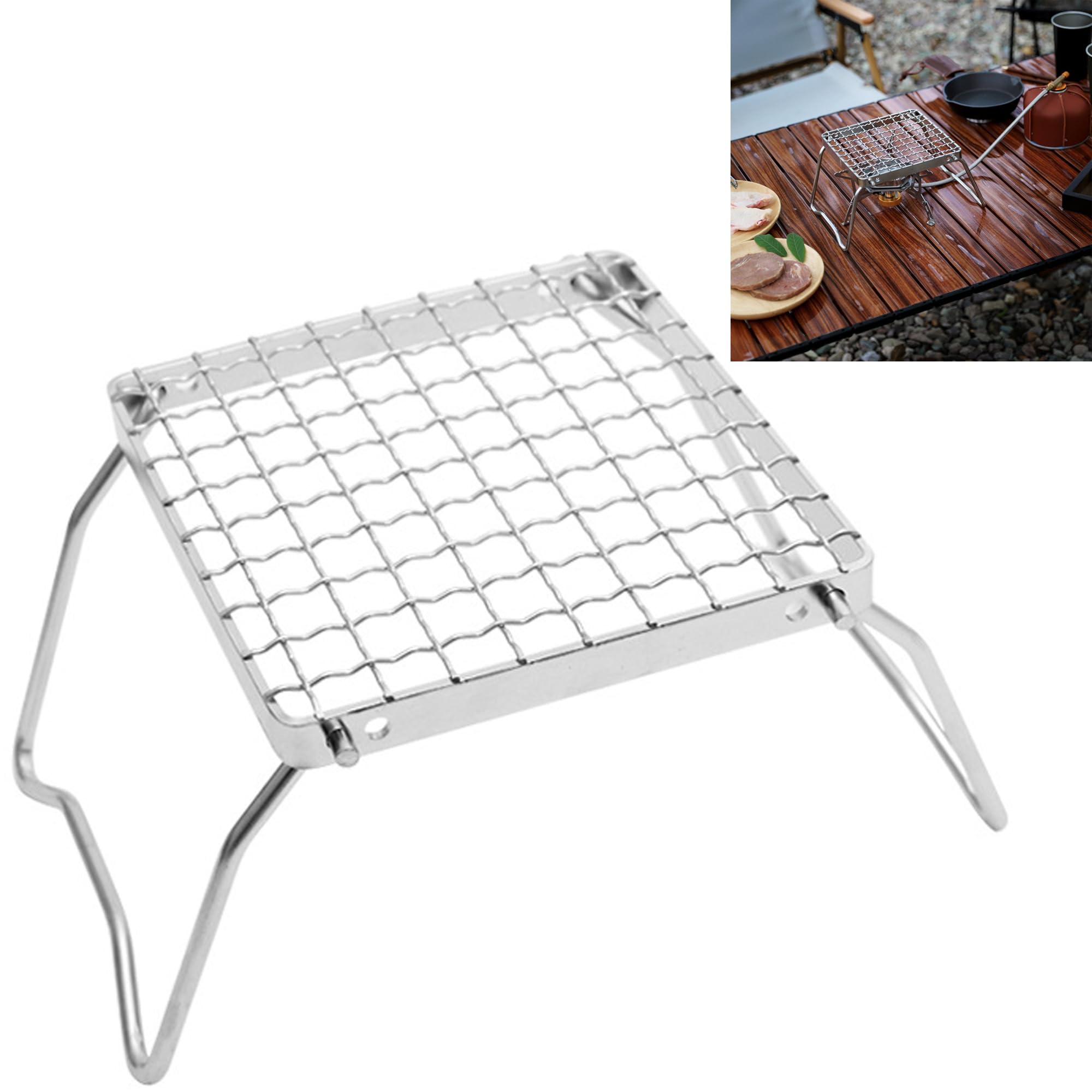 Parrilla Barbacoa Plegable Portátil - 1 Pieza, Plata, Soporte de Acero Inoxidable para Placas, Vaporera Parrillas, Adecuado Cocinar Té en la Estufa, Picnics, Barbacoas, Camping, etc