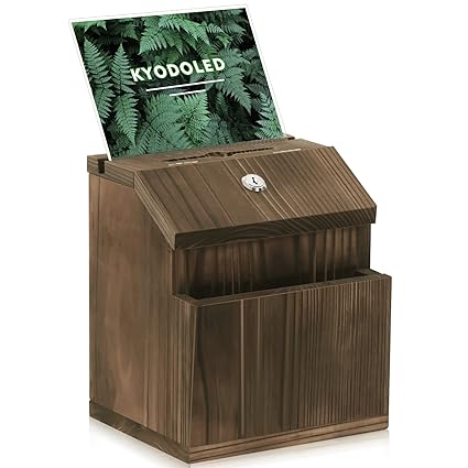 KYODOLED Wood Suggestion Box with Lock Wall Mounted,Rustic Ballot Box Donation Box Key Drop Box with Clear Acrylic Sign Holder and 30 Free Suggestion Cards 9H x 6.9W x 8.5L Inch
