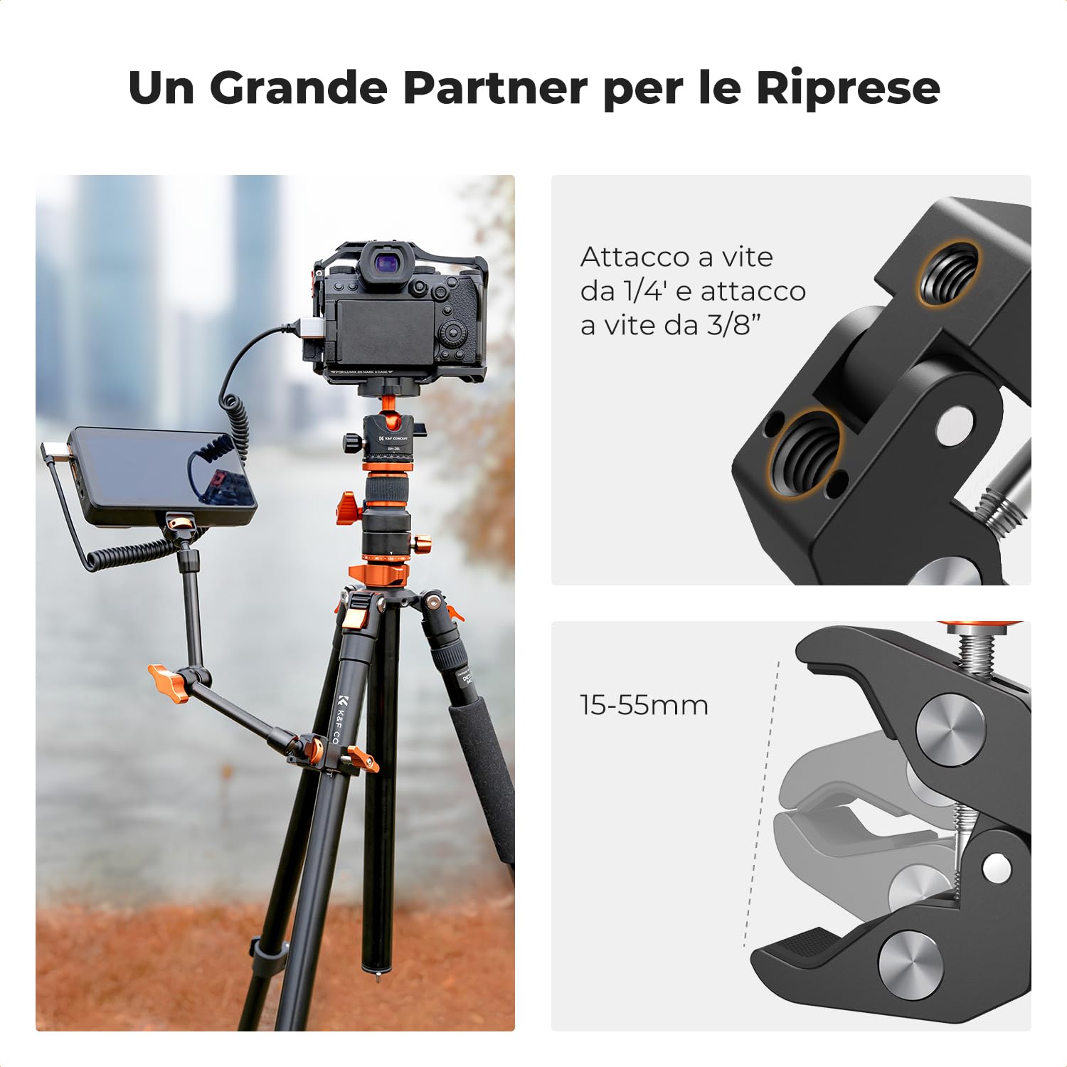 K&F CONCEPT Braccio Magico 11" con Super Clamp, Viti 1/4" e 3/8" | Braccio magico regolabile per monitor, fotocamera, luce LED e microfono, capacità di carico fino a 2 kg - MS33