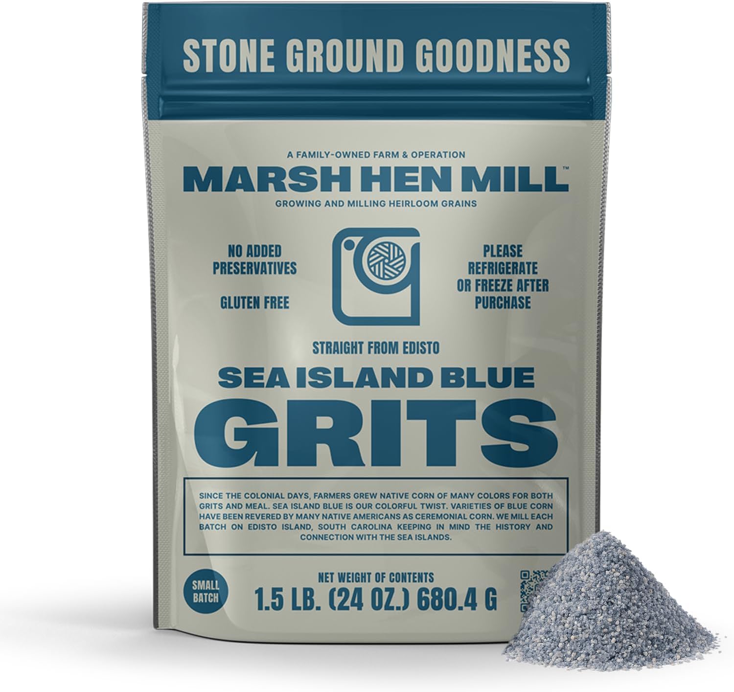 Marsh Hen Mill Sea Island Blue Grits | Stone Ground Grits | Gluten Free Old Fashioned Grits | Southern Heirloom Corn Grits with a Hearty, Fruity, Nutty Flavor | 100% Natural | 24 Oz (Pack of 1)
