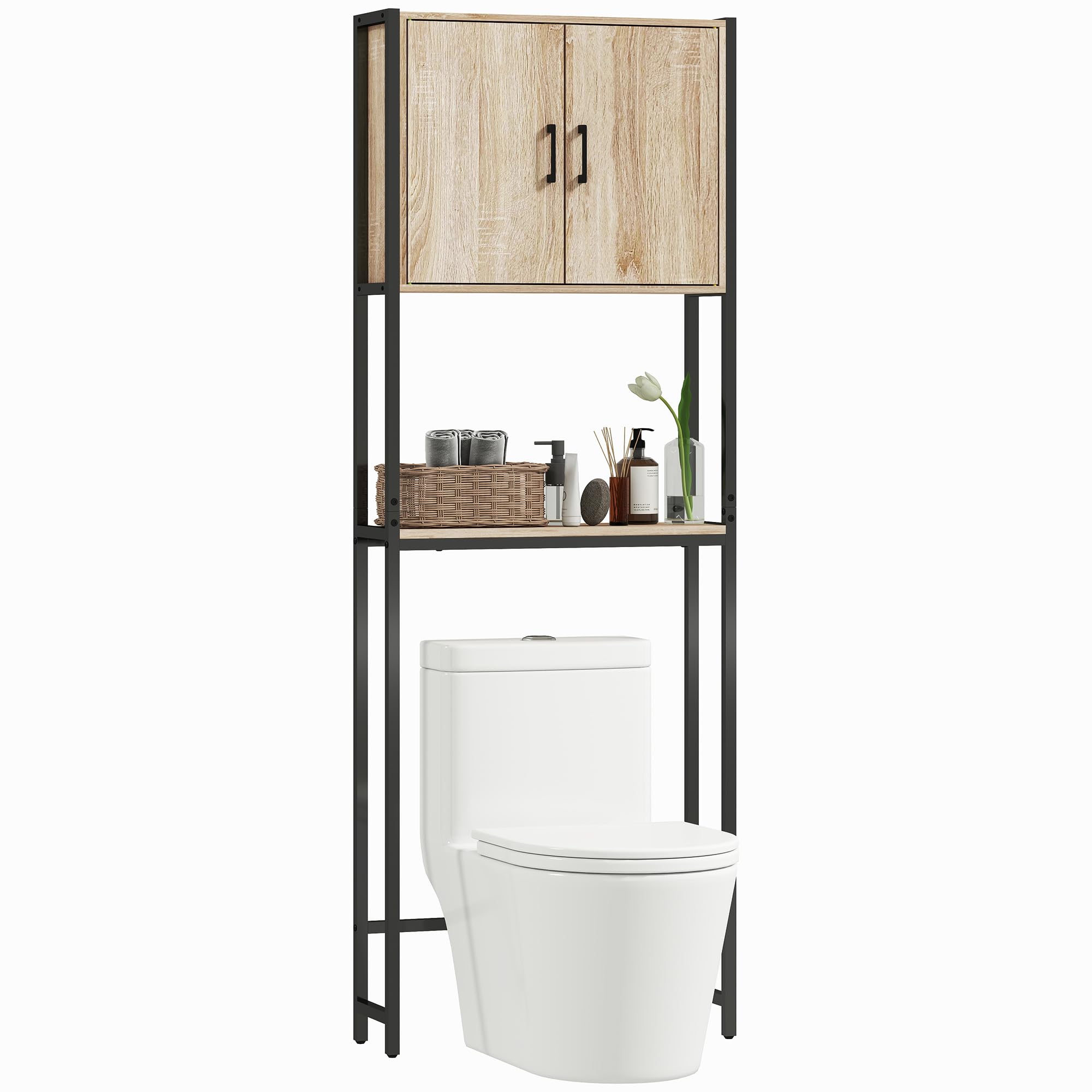 kleankin Mueble sobre Inodoro, Organizador sobre WC con 2 Puertas, Estante Ajustable, Estante Abierto, Estantería de Baño Encima WC para Espacio Pequeño, 64x19x178 cm, Natural