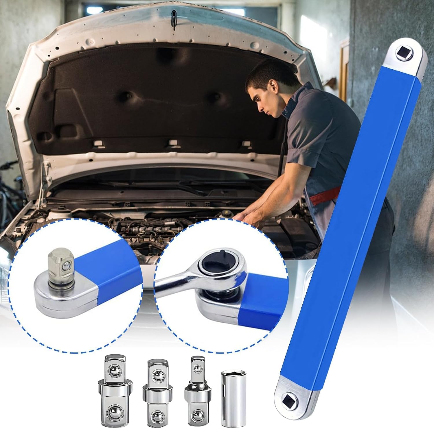 Professional Impact Ready Offset Extension Wrench Set, Ratchet Extension Bar, Torque Wrench Extension, Ratchet Extender, Extended Tight Space Wrench, Wrench for Tight Spaces with Universal Adapters