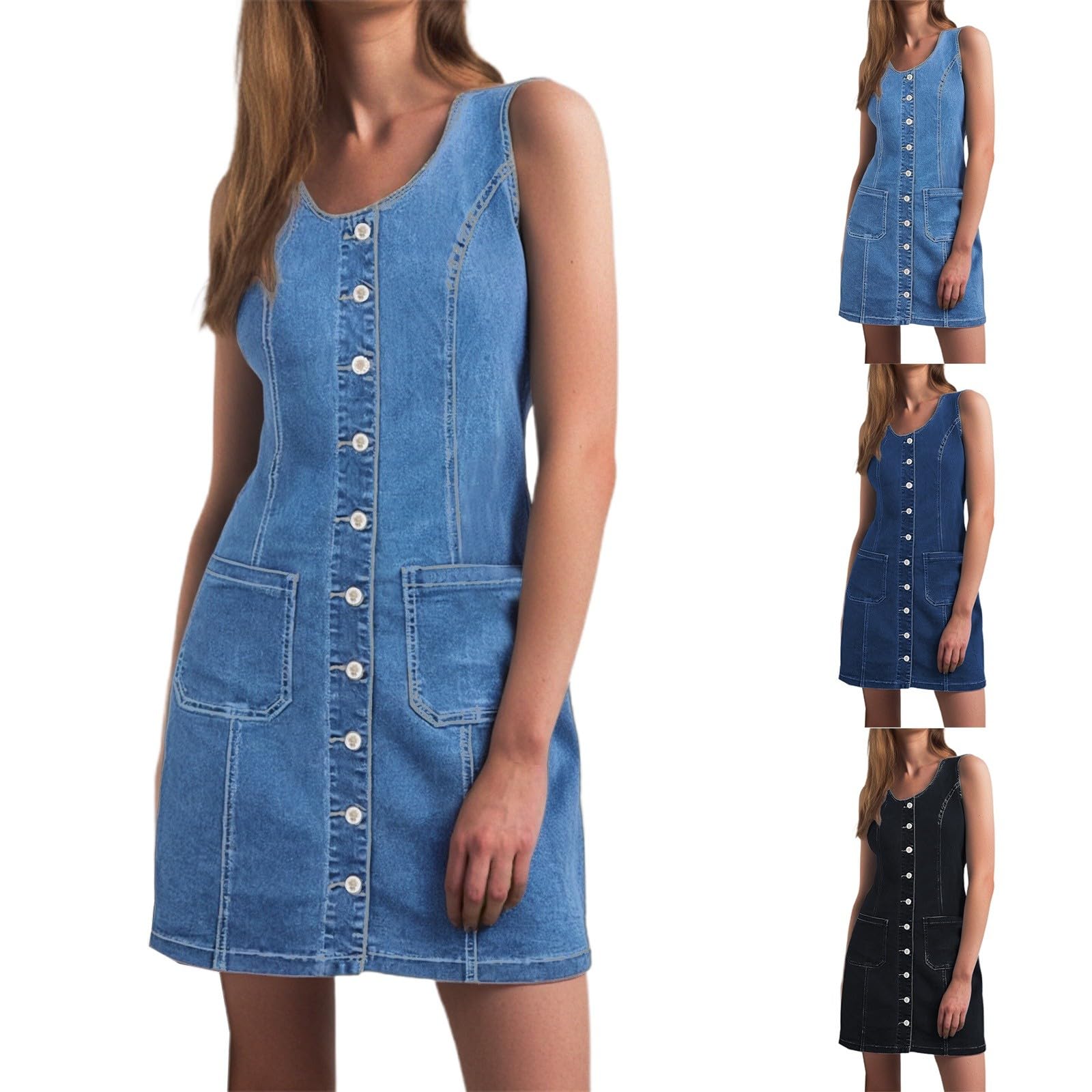 Generisch Robe en jean sans manches pour femme - Mini robe d'été extensible avec col rond - Style vintage - Avec boutonnière - Avec poche plaquée - Robe courte