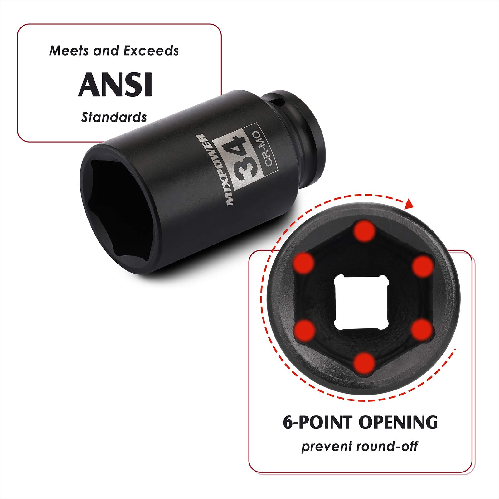 MIXPOWER 1/2" Drive Deep Impact Socket, CR-MO, 34 Mm, METRIC, 6 Point, Axle Nut Impact Grade Socket For Easy Removal - View #11