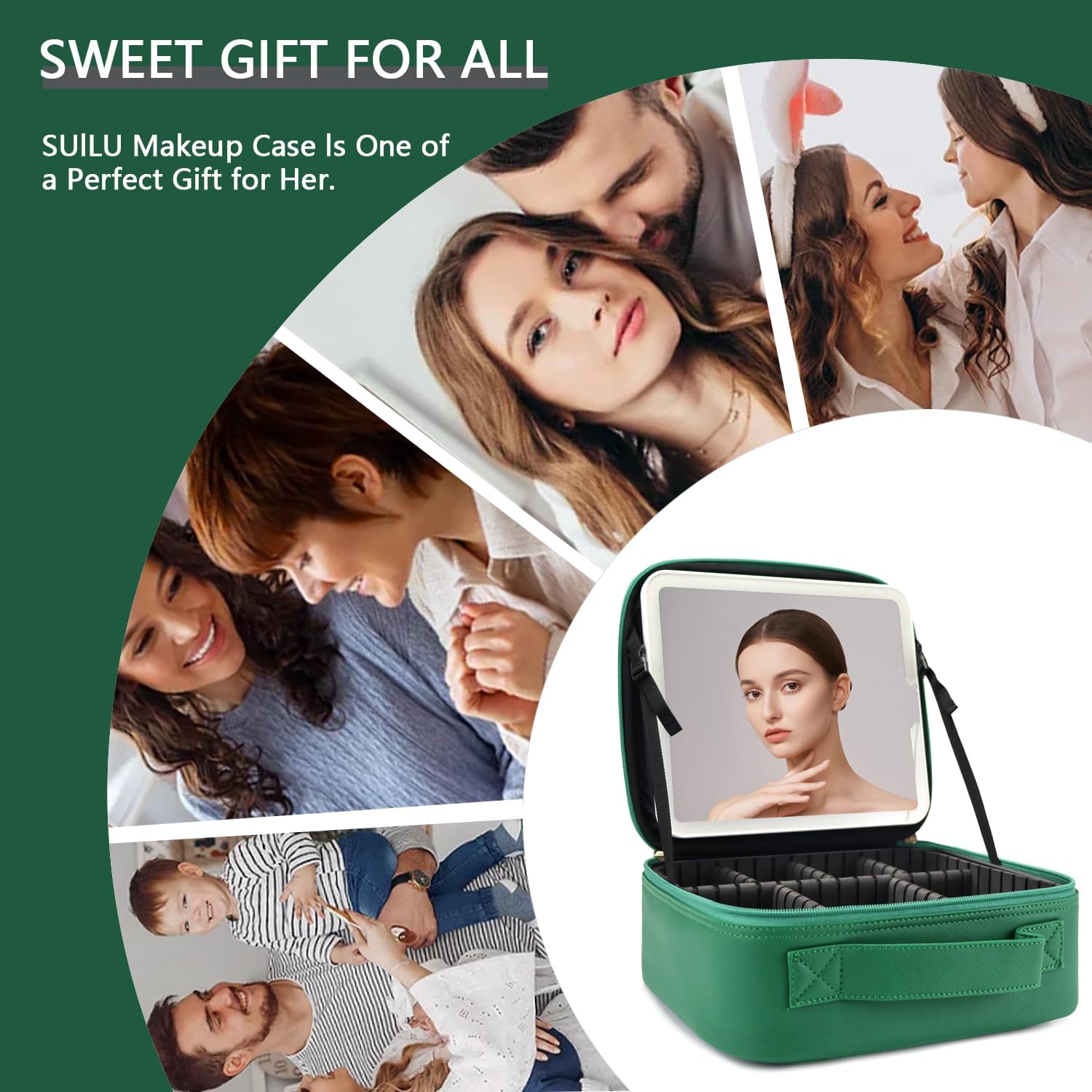 Makeup Bag with Led Mirror,with 3 Color Setting & 10x Magnifying Mirror, Portable Storage and Adjustable Dividers Travel Makeup Bag,for Women and Makeup Artists Large Makeup Cases-Dark Green