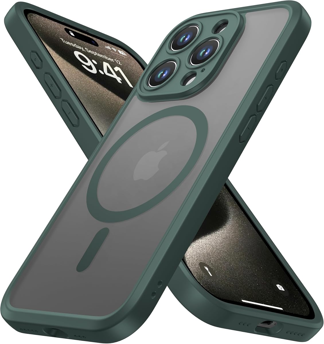Protector magnético diseñado para iPhone 15 Pro Max [Protección de cámara] [Prueba de caída de grado militar] [Compatible con MagSafe] Funda delgada translúcida mate para teléfono (6,7") - Verde oscuro