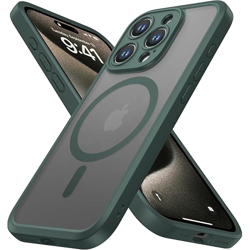 ImpactStrong Magnetic Guard Designed for iPhone 15 Pro Max Case [Camera Protection] [Military Grade Drop Tested] [Compatible with MagSafe] Slim Translucent Matte Phone Case (6.7") - Dark Green