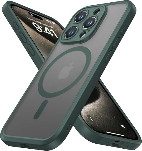 ImpactStrong Magnetic Guard Designed for iPhone 15 Pro Max Case [Camera Protection] [Military Grade Drop Tested] [Compatible with MagSafe] Slim Translucent Matte Phone Case (6.7") - Dark Green