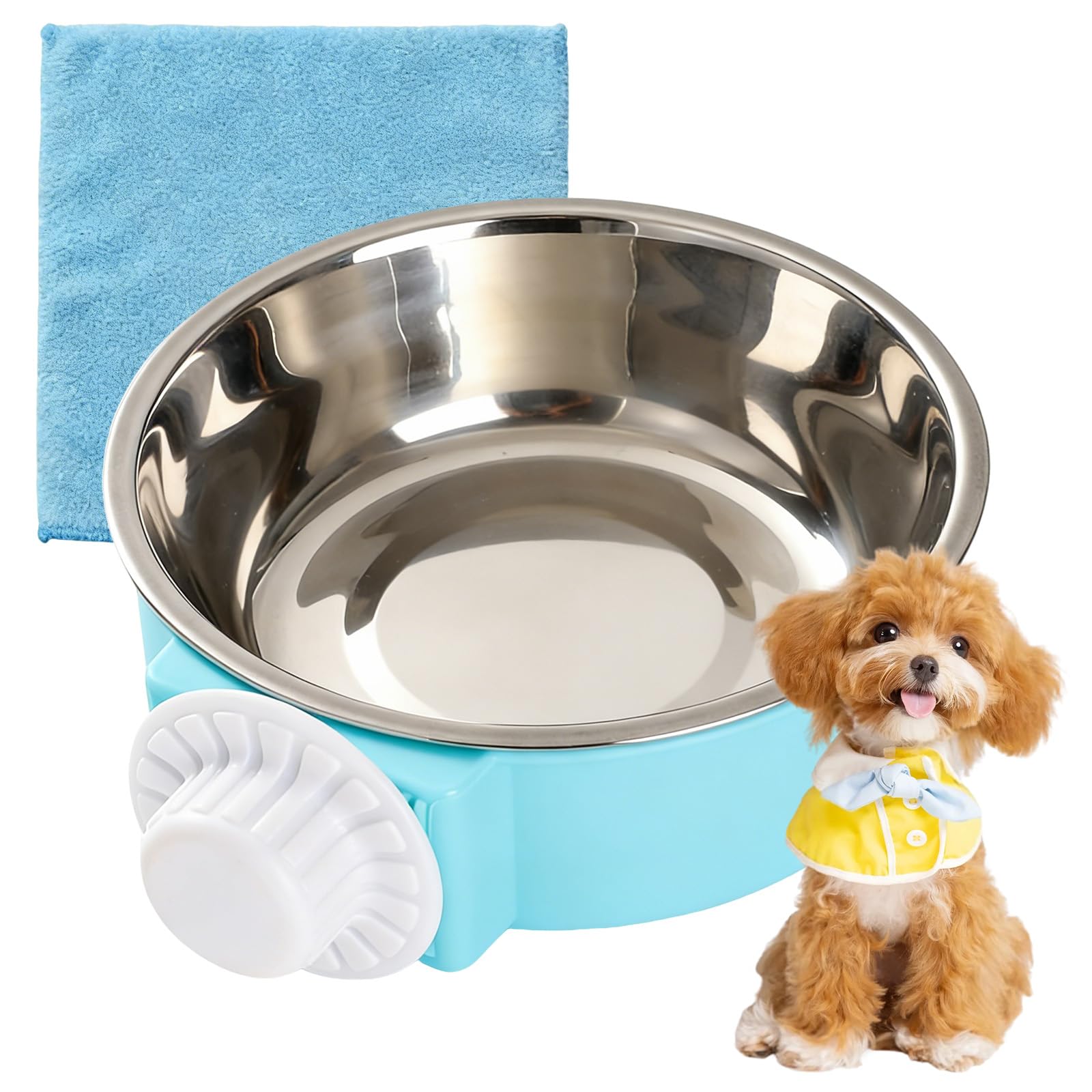 2-in-1 Pet Crate Bowls - Clip On Stainless Steel Water Bowl with Cleaning Cloth, Non-Slip Rustproof Pet Food & Water Dish Set for Dogs & Cats, 18x5.5cm Large, Blue