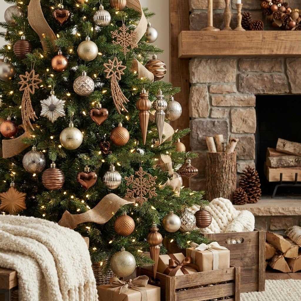 Valery Madelyn Lot de 60 boules de décoration pour sapin de Noël, bronze, cuivré, marron, doré, incassables à suspendre pour décoration de fête de Noël
