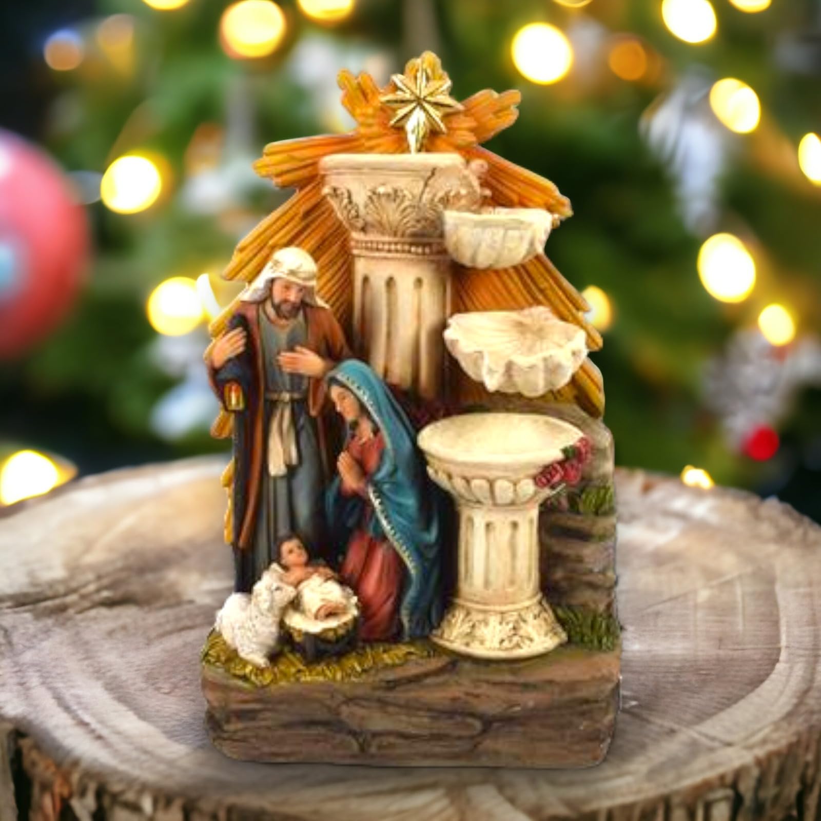 Generico Aurora Store Natività con Colonne Fontana e Luci elettrico 35 cm Decorazione Natalizia Presepio Napoletano Artigianale
