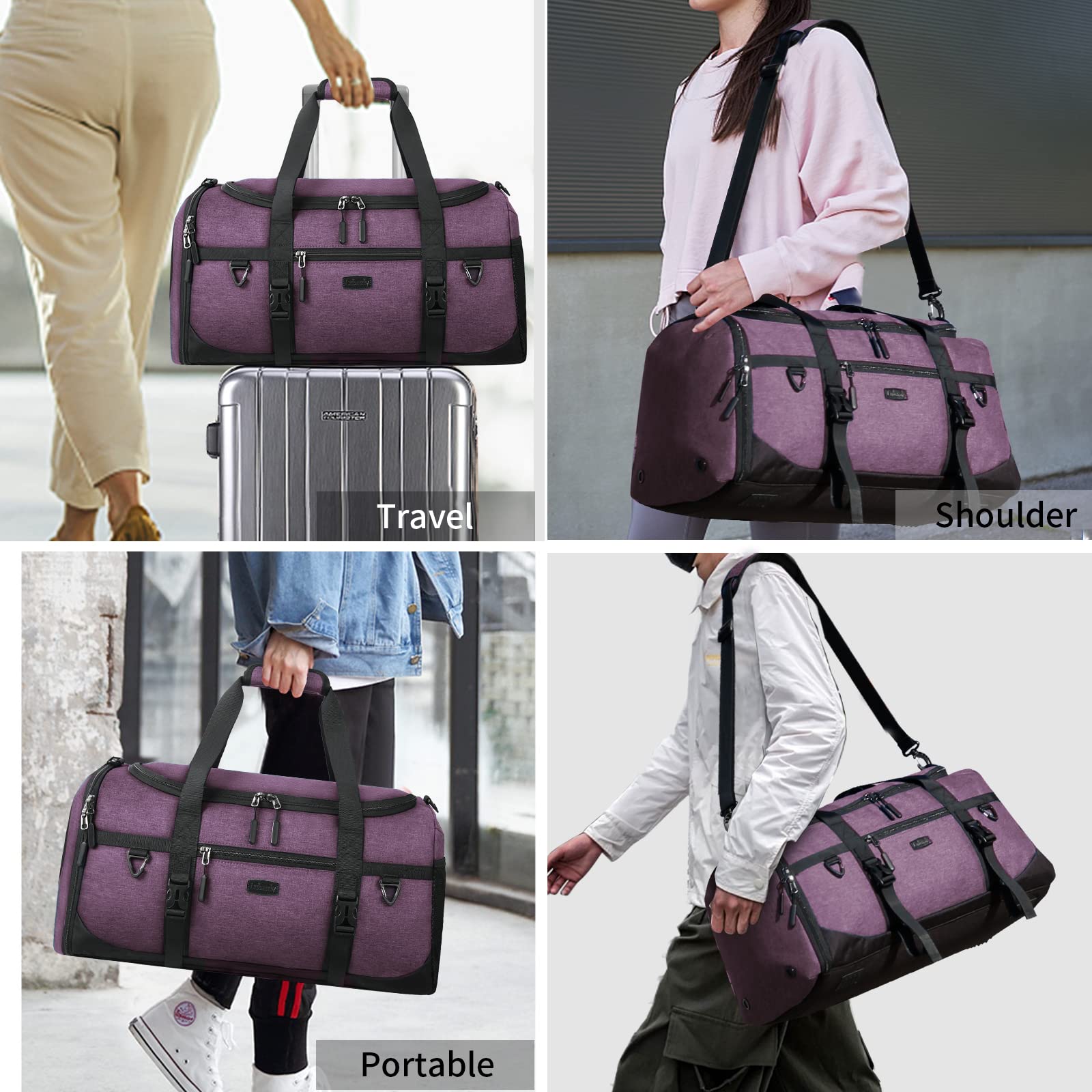 Lubardy Bolsa Deporte 40L Impermeable Viaje con Toalla Microfibra Compartimento Zapatos Violeta