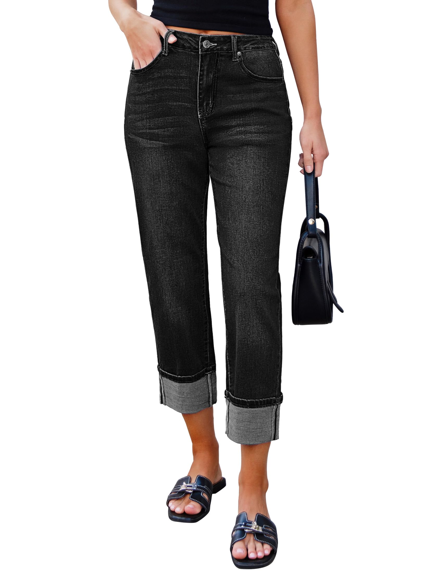 luvamia Straight Leg Jeans for Women Trendy Cropped High Waisted Cuffed Hem Stretchy Boyfriend Capri Jeans with Pockets