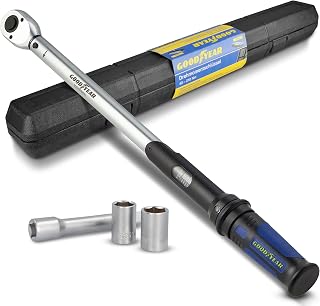 Goodyear Profi-Drehmomentschlüssel, Einstellbar von 40 bis 210 Nm, Antrieb 1/2" Vierkant, inkl. Verlängerung und Stecknüsse 17 mm und 19 mm