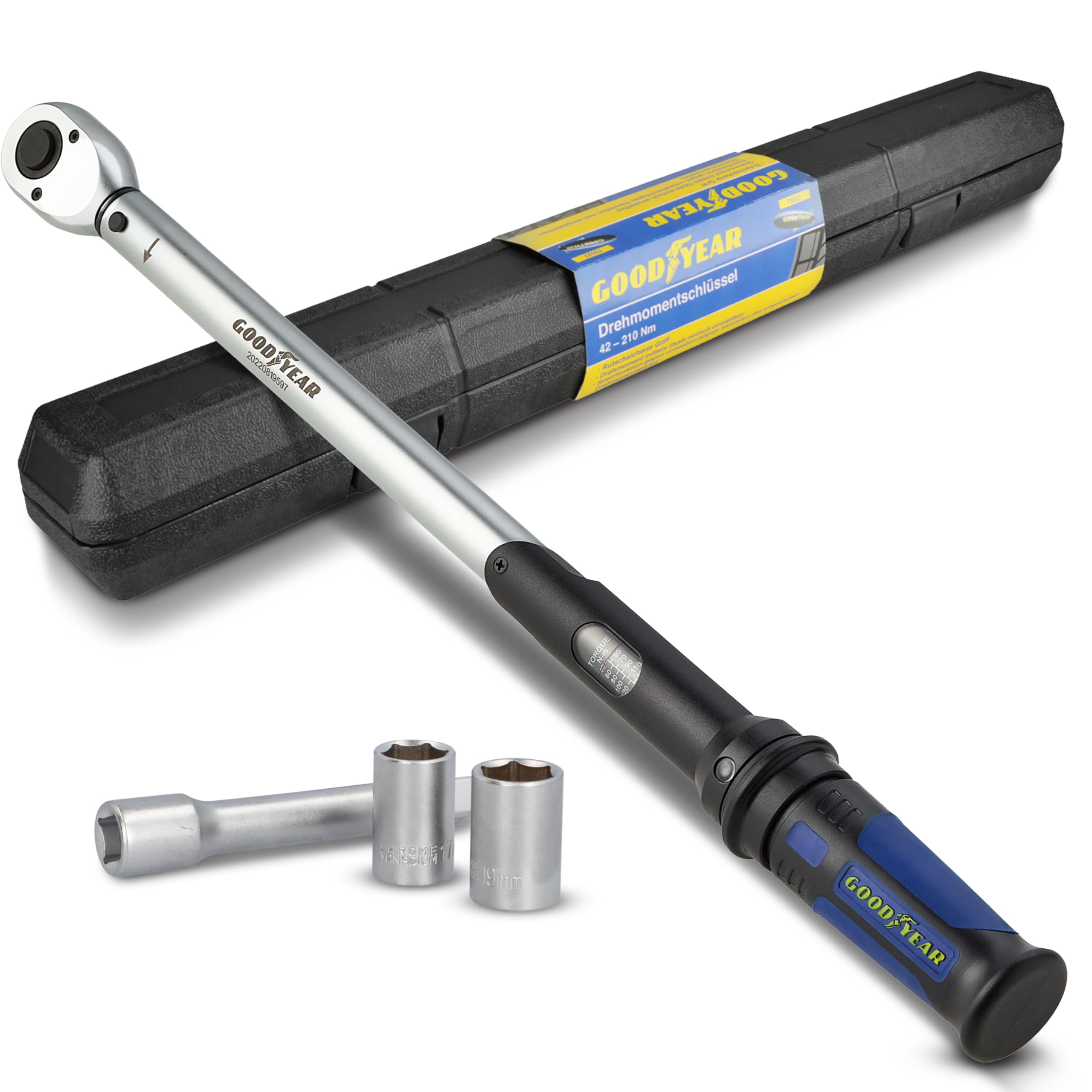 Goodyear Premium Drehmomentschlüssel, Einstellbar von 42 bis 210 Nm, Antrieb 1/2" Vierkant, inkl. Verlängerung und Stecknüsse 17 mm und 19 mm, Blau, Schwarz, Silber