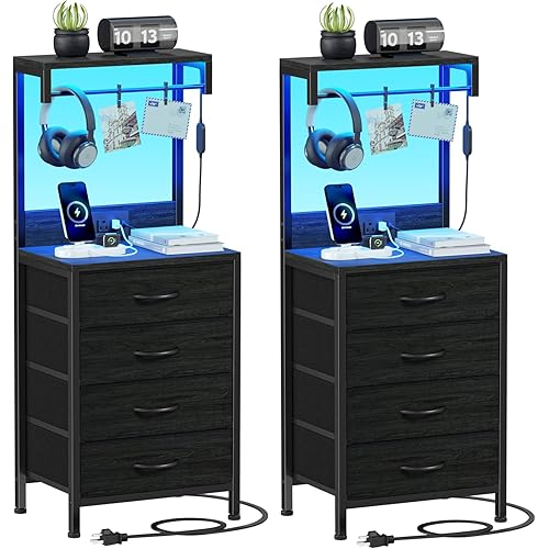 Furnulem Night Stand Set 2, Tall Nightstand with Charging Station and LED Lights, Bedside Tables with 4 Fabric Drawers and Storage Shelves, Black Nightstand Set of 2 for Bedroom (Black Oak)