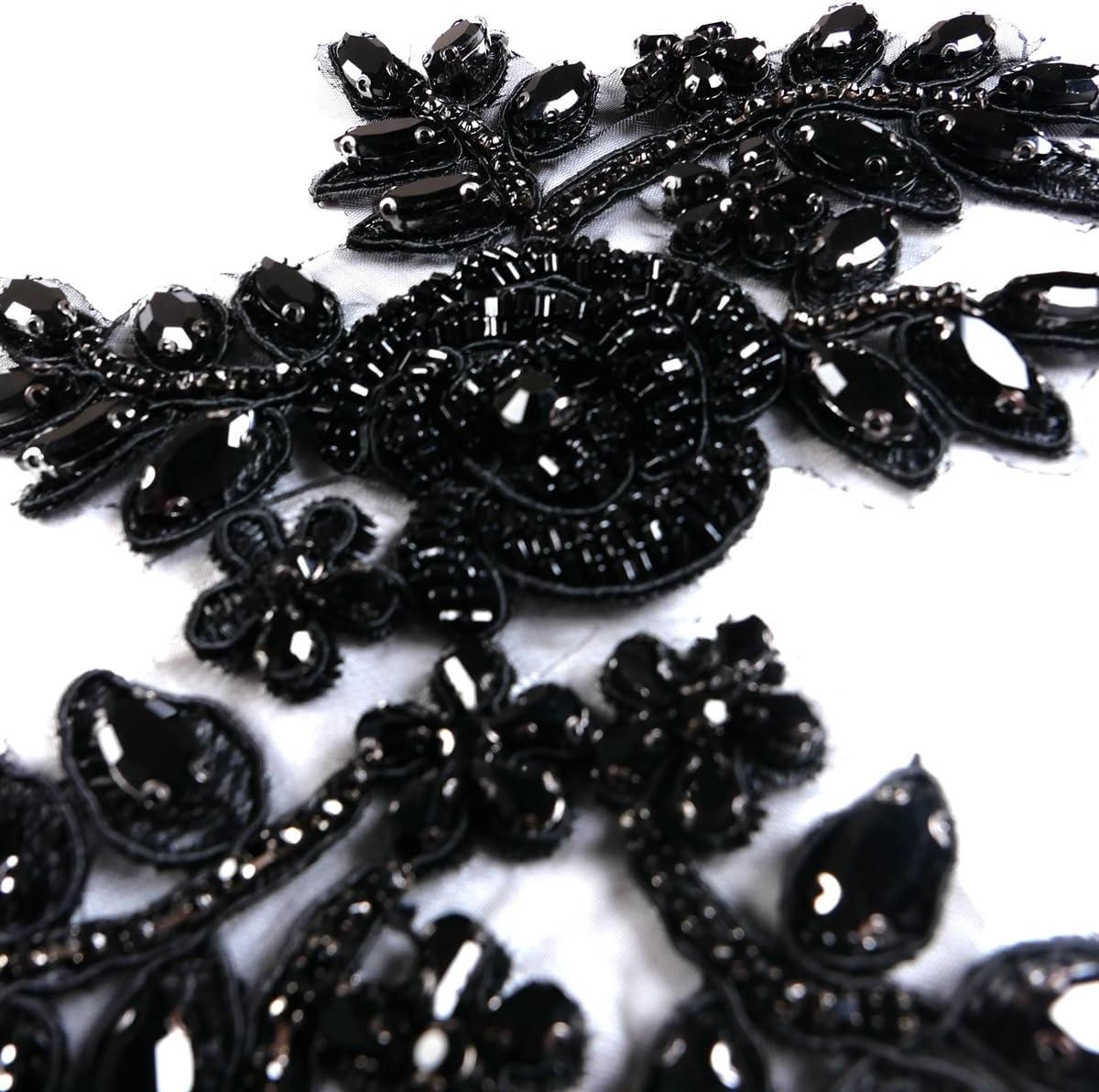 Beaded Rose Flowers&Leaves Rhinestone Pair Applique in Black for Prom Dress Belt,Bag,Light,GIFF Wrapping Arts Crafts Sewing decorat(PH23011BL)
