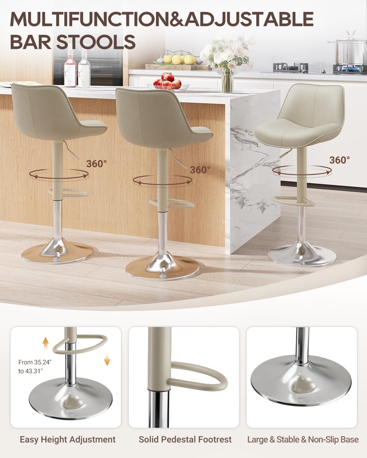 Bar Stools Set of 2, Adjustable Swivel Faux Leather Barstools 26-34inch with Footrests, Counter Height Island Chairs for Bar, Kitchen, Dining Room, Beige