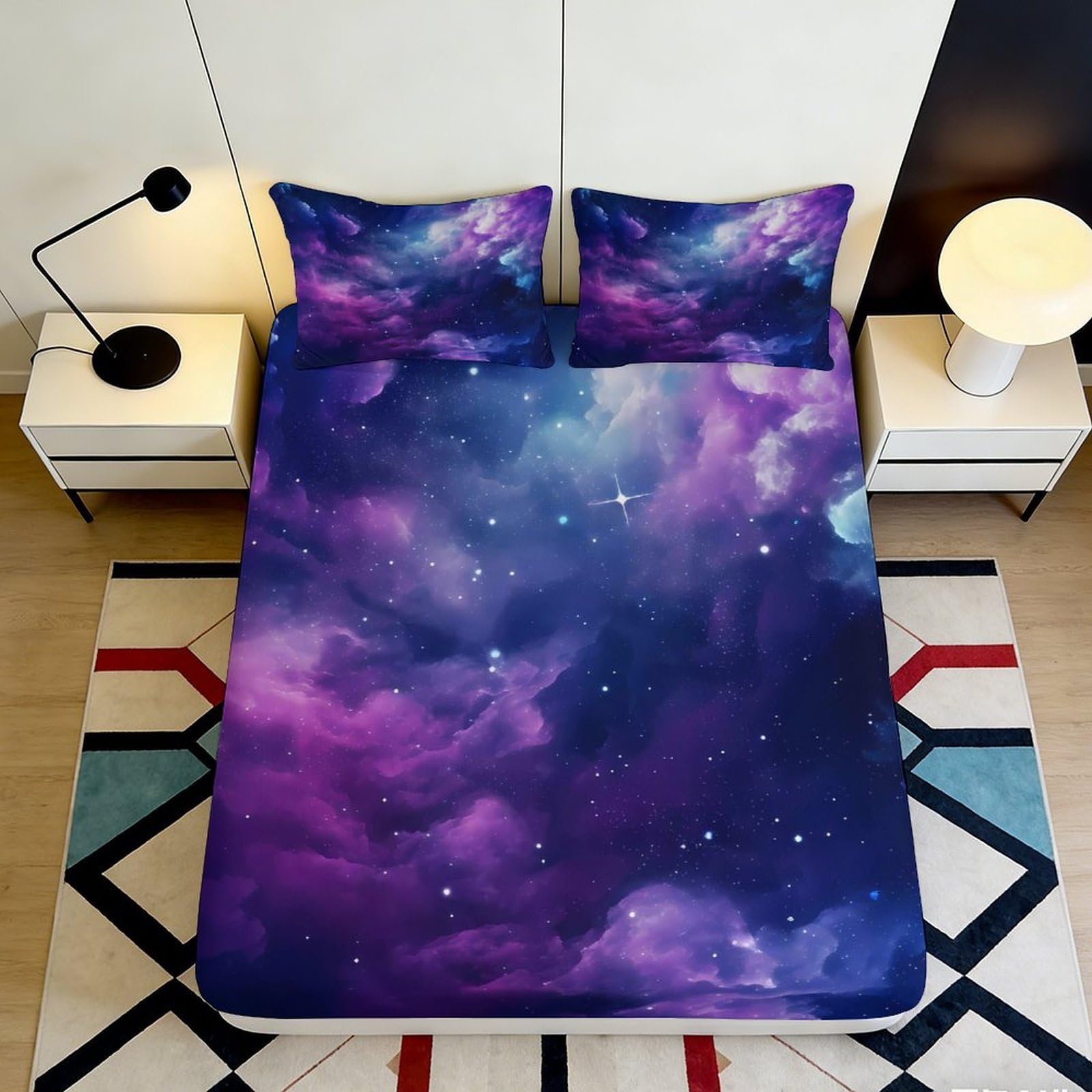 3D Printed Galaxy Starry Sky Fitted Sheet Microfiber Deep Pocket Cosmic Nebula Mattress Cover for Bedroom Decor 160x200x25cm