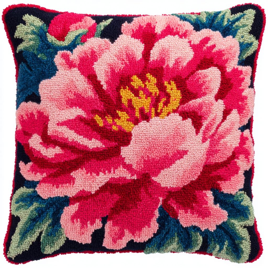 Taxpy Latch Hook Cushion Kits, Peony Flowers Pillow Case Rug Cover Beginner DIY Needlework Embroidery Kits Handmade Set 43 * 43cm