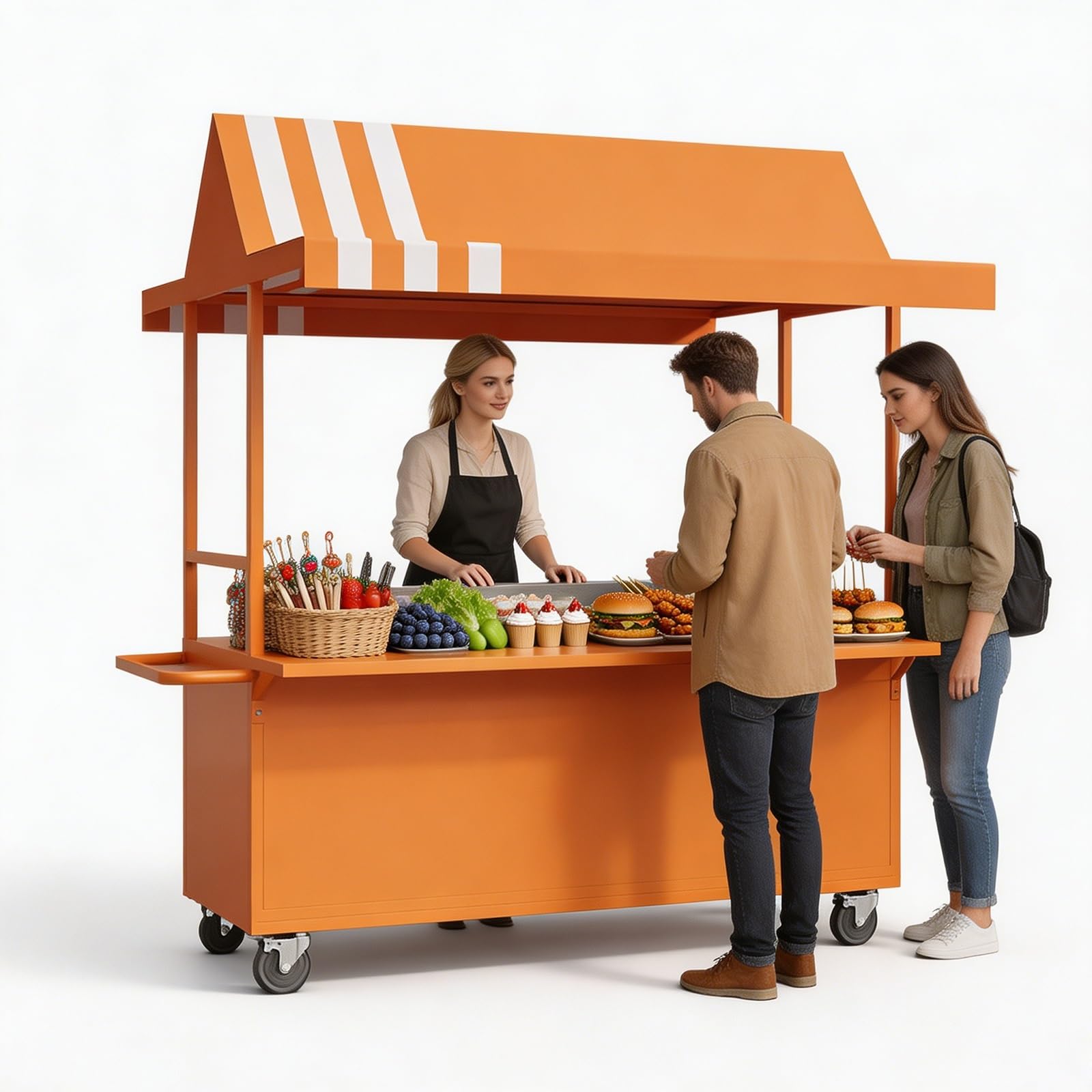 XRRJFYH Farmers Market Stand Outdoor Vendor Booth with Canopy, Portable Display Tables for Street Food Vendor, Market Stall with Wheels & Storage, 47x35.5x82.5 Inch(Orange)