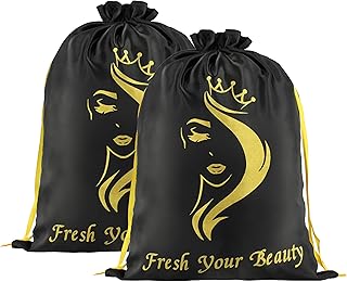 2PCS Satin Wig Bags Storage for Multiple Wigs Soft Silky Pouches with Drawstring Hair Packaging Bags for Wigs, Bundles,Hair Extensions,Tools, business gift bags （Black)