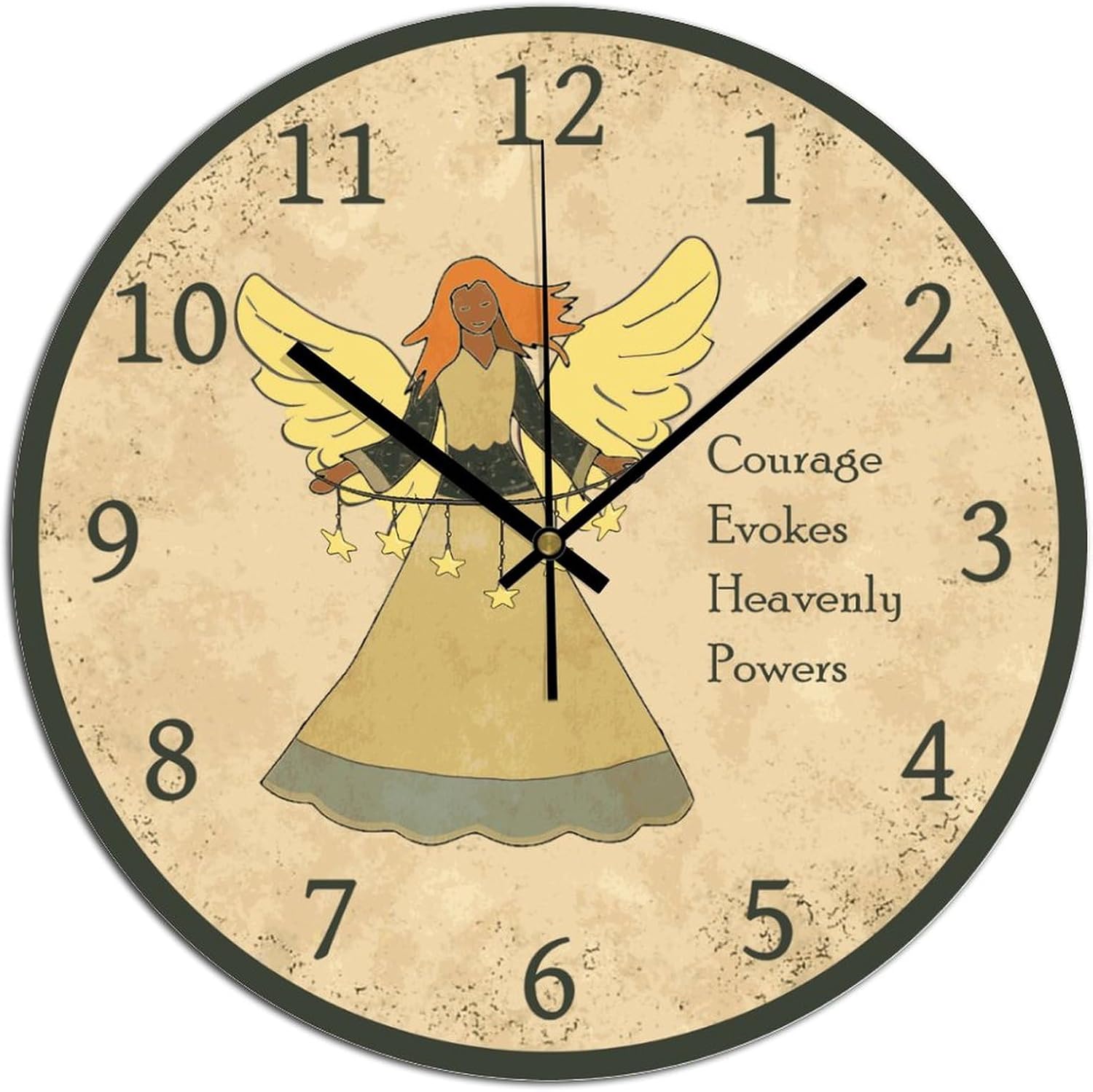 Decorative Silent No Ticking Wall Clock Folk Art Courage Angel Round Modern Wooden Clocks for Bedroom Living Room Home Office School Wall Art Decor, 12 Inches