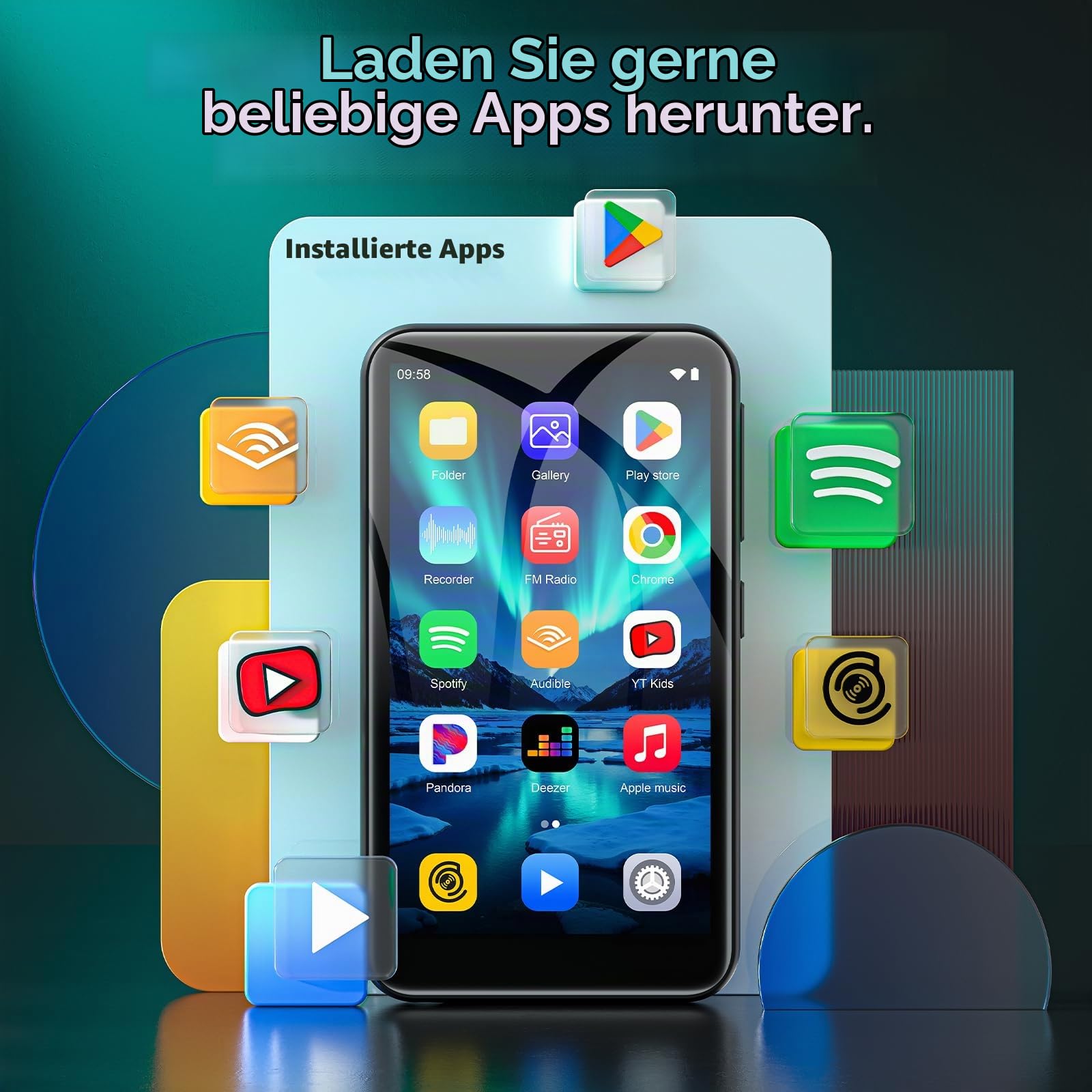 32GB MP3 Player mit Bluetooth und WiFi, Android 13 MP4 Player mit Spotify, Pandora, Audible, YouTube, Hi-Fi 4.02" Zoll Touchscreen Musik Playermit Play Store,Schwarz